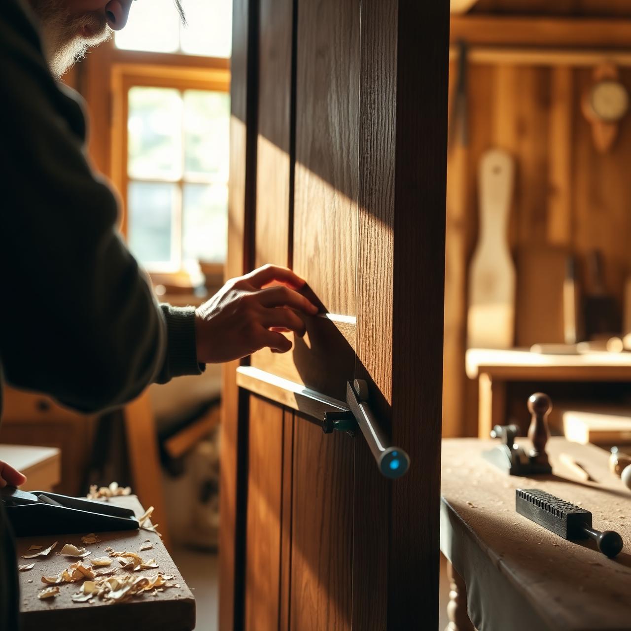 Craftsman finishing a walnut interior door